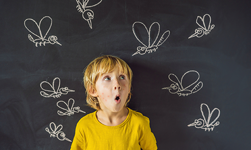 child stands in front of a blackboard, surrounded by mosquitoes drawn in white chalk